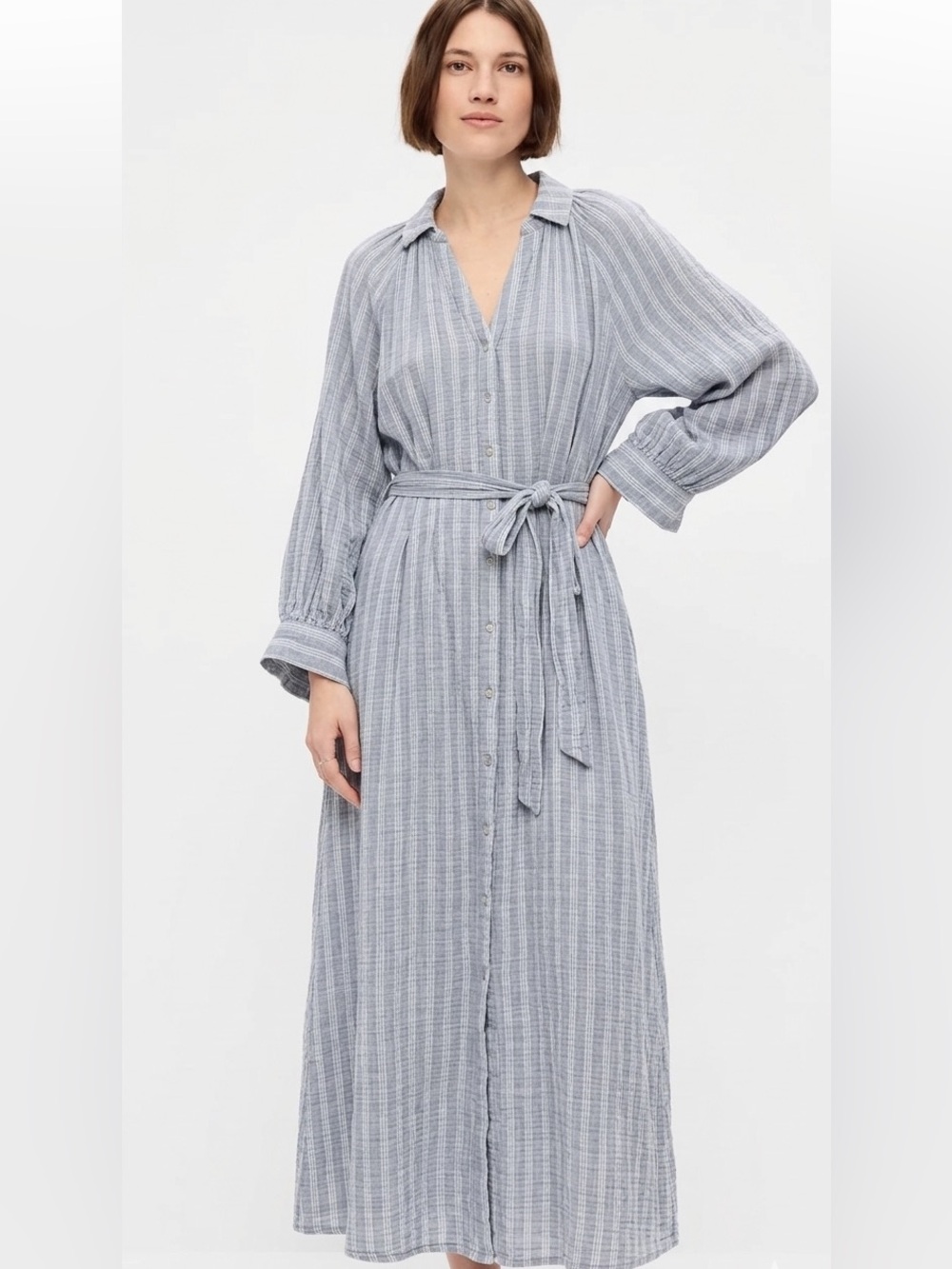 Old Navy 2X Light Blue cotton gauzy Striped Maxi Dress with Tie Waist